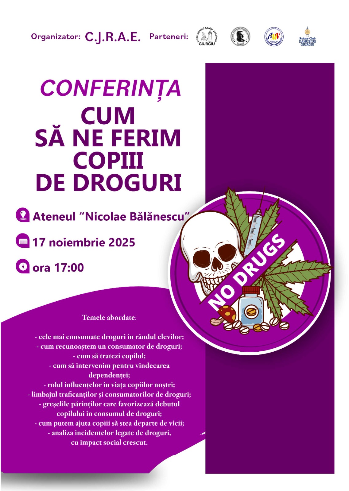 Afiș al conferinței «Cum să ne ferim copiii de droguri»